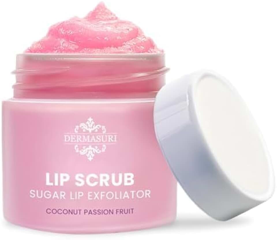 Dermasuri Lip Exfoliator Scrub and Moisturizer, Sugar Scrubs, Overnight Hydration & Softening, Brighten and Soften Dark Lips For Men & Women, Soothing Dryness, Coconut Passion Fruit Flavor 20g/0.7oz