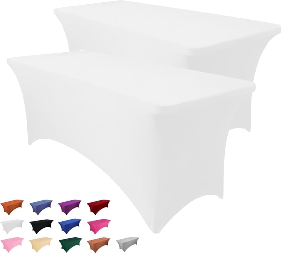 2 Pack 6FT Table Cloth for Rectangle Tables - White Tablecloth Rectangular Fitted Stretch Spandex Table Covers 6 ft for Birthday, Cocktail, Wedding, Banquet Spring Outdoor Party