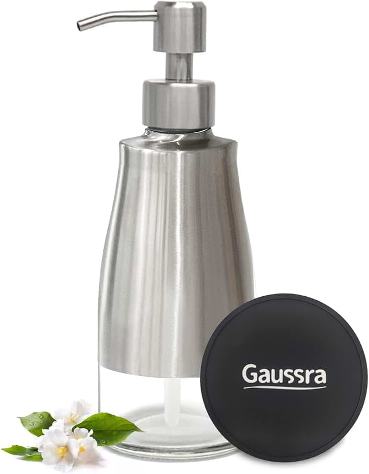 Soap Dispenser with Coaster and Stickers, Brushed Nickel Stainless Steel Case Glass Liner Hand Pump Dispenser, Refillable Liquid Hand Soap Dispenser for Bathroom & Kitchen (11OZ / 320ML)
