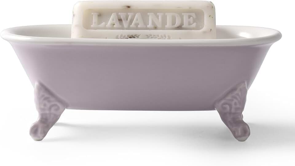 6.5" Ceramic Mini Decorative Clawfoot Bathtub Bar Soap Dish, Kitchen Sponge Holder and Shower Tray for Bathroom, 1 Pack(Lavender)