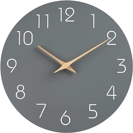 Mosewa Wall Clock Silent Non Ticking Decorative for Kitchen Bedroom Bathroom Office Living Room Battery Operated 10 Inch Gray Wood Modern Simple