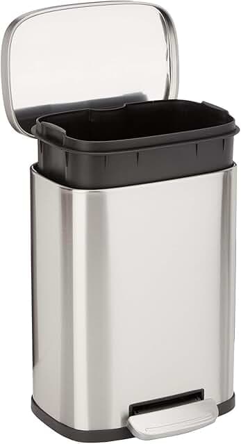 Amazon Basics Smudge Resistant Small Rectangular Bathroom Trash Can With Soft-Close Foot Pedal, Brushed Stainless Steel, 5 L /1.32 Gallon, Satin Nickel Finish, 7.3 x 8.5 x 11.8 inches (LxWxH)
