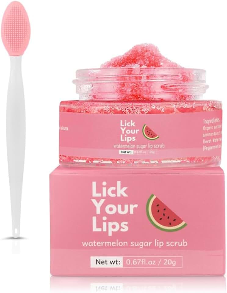 Watermelon Sugar Lip Scrub for Women Dry, Cracked and Dark Lips – Lip Scrubber Exfoliator and Organic Lip Scrubs Exfoliator and Moisturizer with Lip Brush – Vegan, Cruelty-Free Lip Care Products (20g)