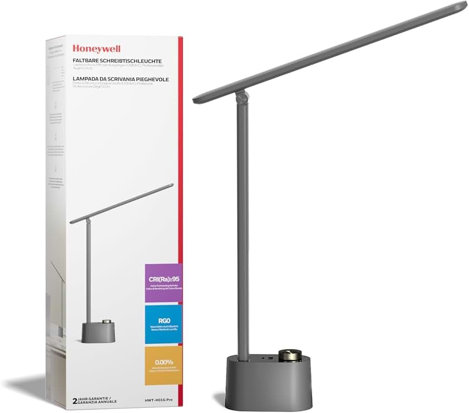 HONEYWELL Upgraded LED Desk Lamp - H01 Pro Sunturalux™ Foldable Desk Light with USB A+C Charging Port, 3 Color Modes Dimmable Table Lamp for Home Office Reading(Grey)