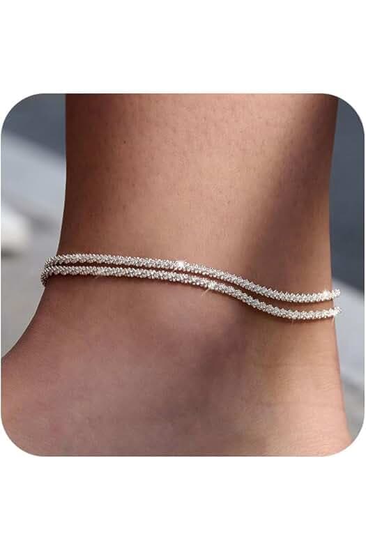 Sterling Silver Ankle Bracelets for Women: Dainty Layered Waterproof Anklet for Women Adjustable Womens Anklet Set Stackable Figaro Beaded Cuban Link Anklets Beach Jewelry for Women