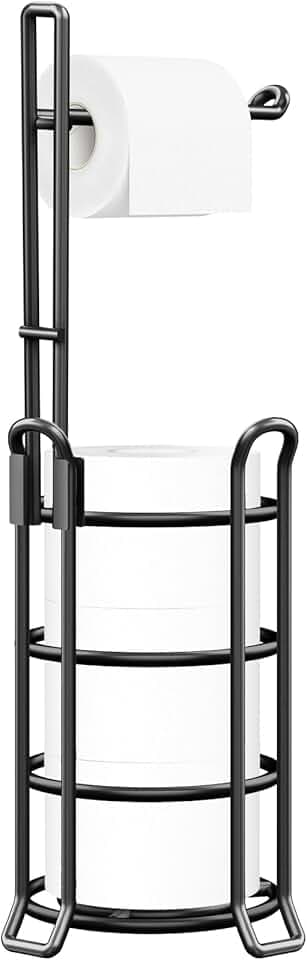 TomCare Toilet Paper Holder Toilet Paper Stand and Dispenser for 3 Spare Rolls Metal Wire Free-Standing Toilet Tissue Paper Roll Storage Shelf Bathroom Accessories Storage Organizer Black