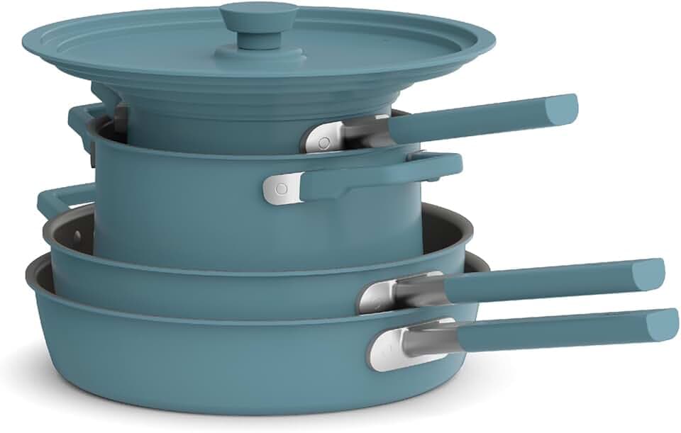 bella 9 Piece Ceramic Nonstick Cookware Set, Fits-anywhere™ Kitchenware w EverGood™ Coating, Dishwasher & Oven Safe, All Stovetops Compatible, Stackable Design, Cool Touch Handles, Surf