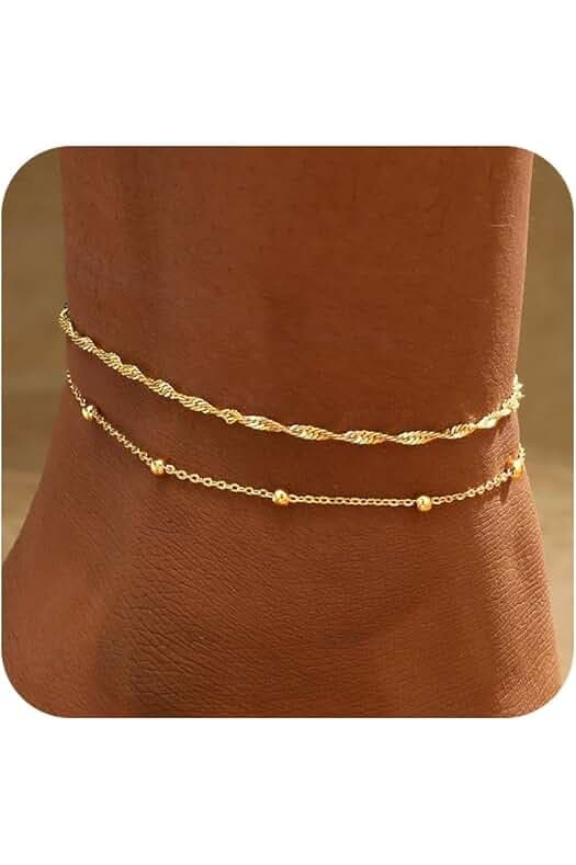 2/3 PCS Gold Anklets for Women Waterproof Cuban Link Anklet Beaded Bracelets Stackable Bracelets 14K Gold Plated Custom Jewelry Gifts Non Tarnish Lightweight