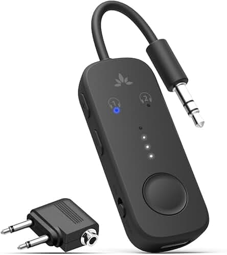 Avantree Relay - Airplane Bluetooth 5.3 Adapter with Qualcomm aptX Adaptive, Supports 2 AirPods or Headphones, 20Hr Playtime, 3.5mm AUX Wireless Audio Transmitter for Travel Flight, Airline, Gym