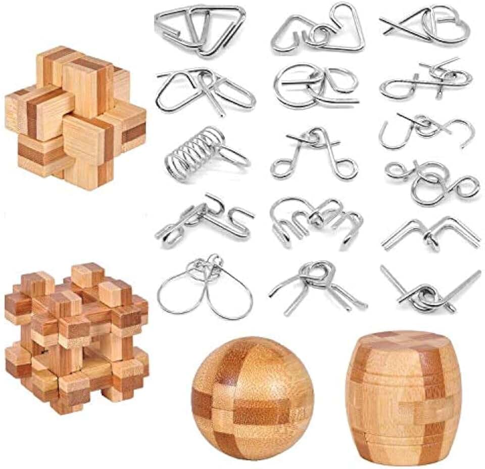 Brain Teaser Puzzle 20Pcs Unlock Interlock Game IQ Test Wooden Toy 3D Unlock Interlock Puzzle Magic Ball Brain Teaser Toy Puzzles for Adults