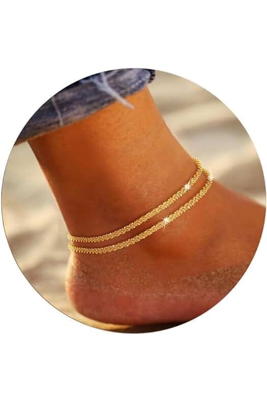 Ankle Bracelets for Women, Glitter Waterproof Adjustable Anklet for Women, 14K Gold Plated/Sterling Silver Layered Anklets, Summer Beach Anklet Jewelry for Women Gift