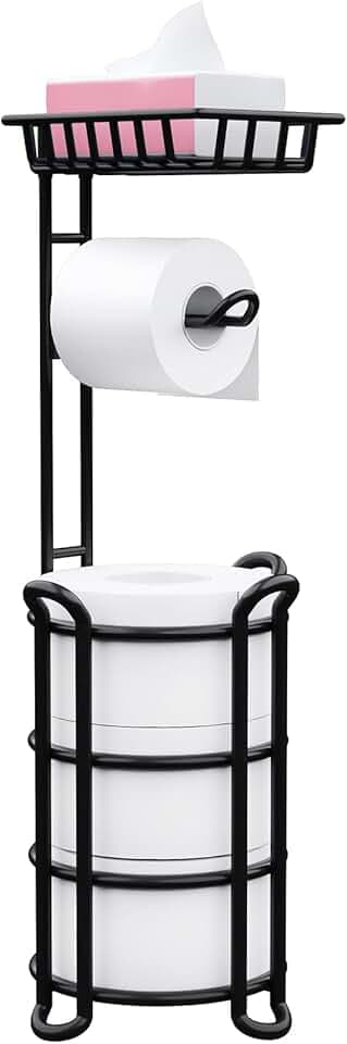 Toilet Paper Holder Stand with Shelf, Free Standing Toilet Tissue Roll Storage Rack for Bathroom, Black