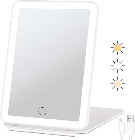 FUNTOUCH Rechargeable Travel Makeup Mirror with 72 Led Lights, Portable Lighted Beauty Mirror, 3 Color Lighting, Dimmable Touch Screen, Tabletop LED Folding Cosmetic Vanity Mirror