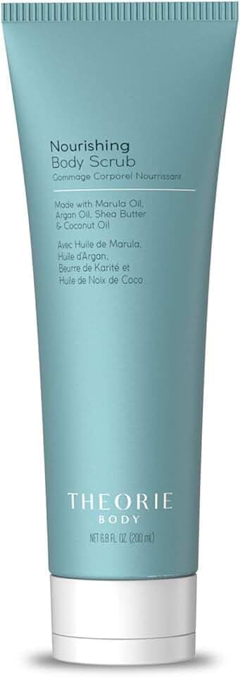 Theorie Nourishing and Exfoliating Body Scrub - Made with Marula, Argan, Coconut Oil, Shea Butter & Vitamin E, Amber Rose Fragrance. Eco-Friendly Pumice, Vegan, Gluten Free, Cruelty Free 200mL Tube