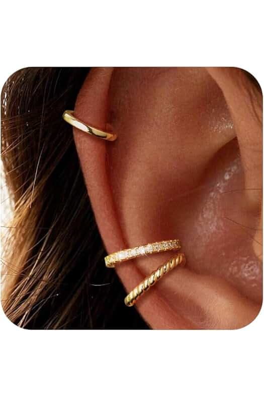 Moodear Thin Chunky Ear Cuffs Non Piercing for Women - Dainty 14K Gold Plated/Sterling Silver Cuff Earrings Trendy Cubic Zirconia Huggie Hoop Cartilage Earring Jewelry Gifts