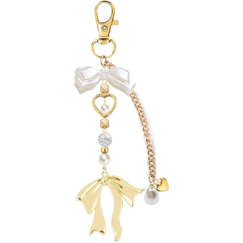Agromusk Gold Bow Keychain Bag Charms for Women Heart Pearl Beaded Coquette Aesthetic Purse Charms