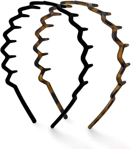 Kitsch Zig Zag Headbands, Recycled Plastic Wavy Hair Band with Teeth, Headband for Women and Men, Classic 90s Hair Accessories, 2pcs (Black and Brown)