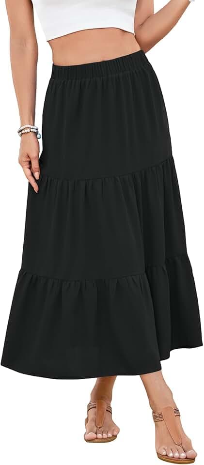 NILOUFO Women Summer High Waist Elastic A-Line Maxi Skirt Flowy Tiered Pleated Beach Vacation Skirts with Pockets