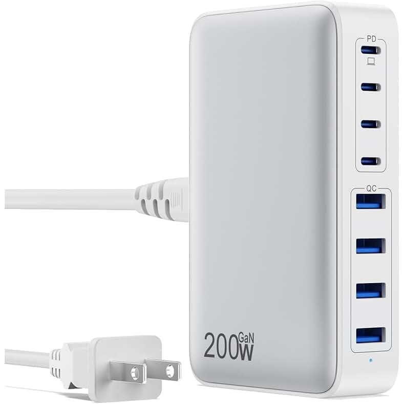 USB C Charger 200W USB C Charger Block,Upgraded GaN III 8-Port Fast Charging Station Hub,PD 65W Laptop Charging Adapter Compatible with MacBook Pro/Air,DELL,Steam Deck,iPhone 16/15/14,Galaxy S23/22