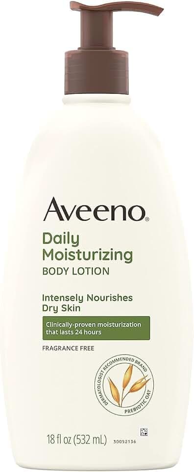 Aveeno Daily Moisturizing Body Lotion for Dry & Sensitive Skin with Prebiotic Oat, Fragrance & Paraben Free, Non-Greasy, Non-Comedogenic, 48-Hour Moisturizer 18 Fl Oz