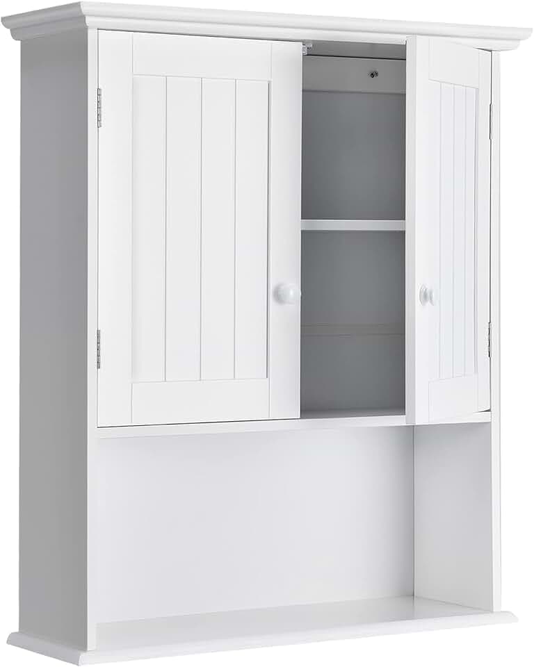 Tangkula Wall Mount Bathroom Cabinet Wooden Medicine Cabinet Storage Organizer with 2-Doors and 1-Shelf Cottage Collection Wall Cabinet (White)