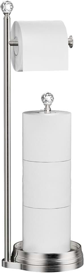 Toilet Paper Holder for Bathroom, Heavy Weighted Metal Free Standing Toilet Paper Holder Stand with Crystal Ball, Toilet Paper Roll Stand for Bathroom Accessories