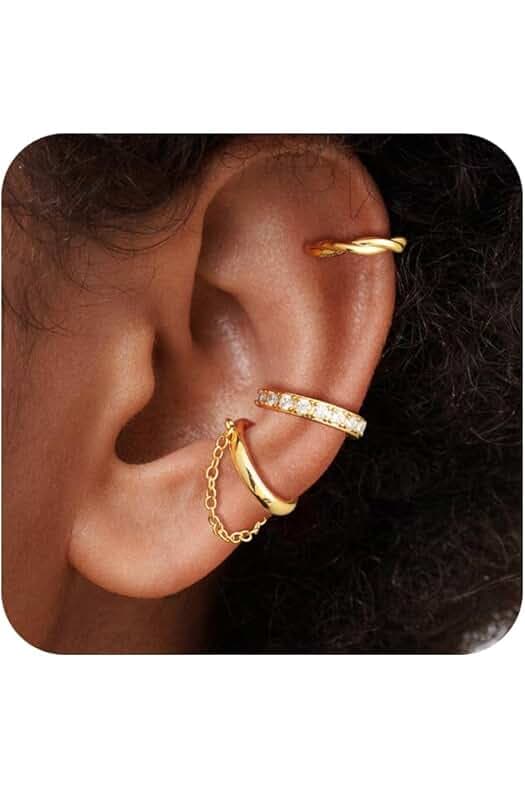 Gold Ear Cuff Earrings for Women Non Piercing, 14K Gold Plated/Silver Cuff Earrings for Women, Hypoallergenic Cubic Zirconia Cartilage Hoop Earring Fashion Jewelry Set