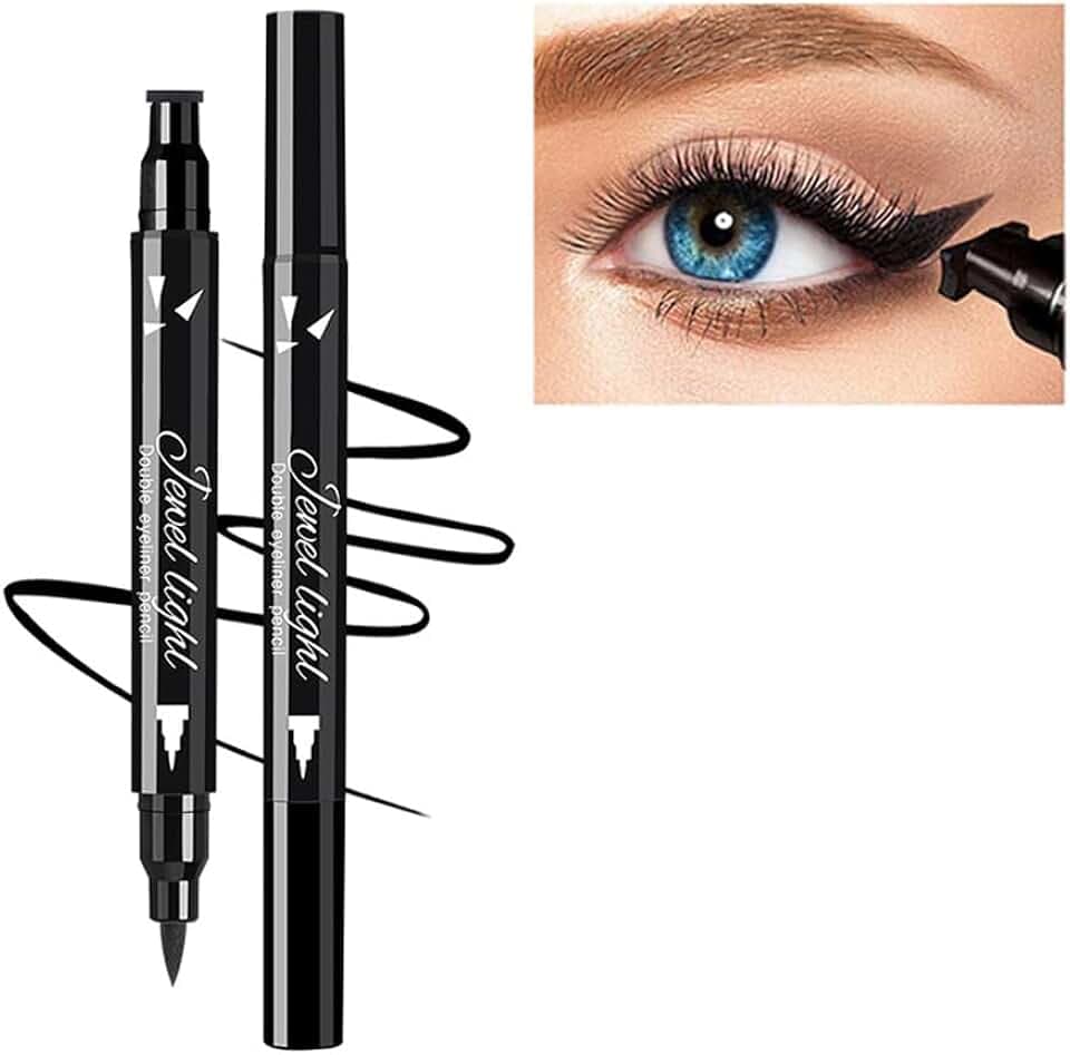 Dual Ended Black Liquid Eyeliner - 2 in 1 Winged Cat Eye Stamp & Felt-tip Eyeliner Pen, Waterproof, Long Lasting and Smudge Proof Eye Makeup Tool for Women
