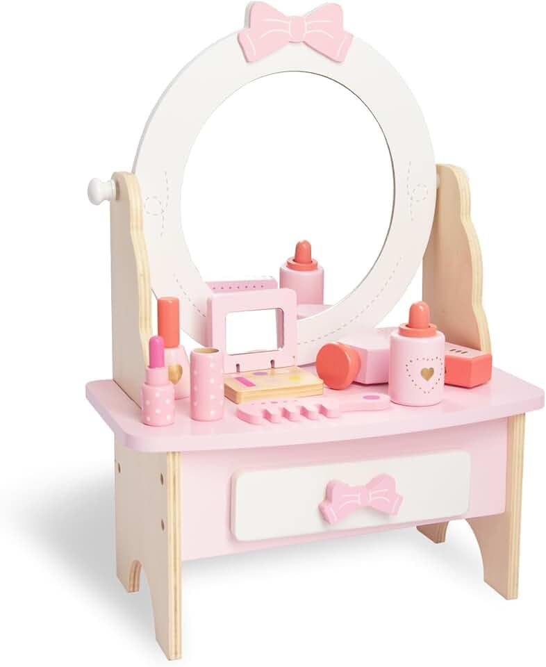 Wooden Vanity Set for Kids, Pretend Play Toddler Makeup Vanity Table Toys with 360° Rotatable Mirror, Beauty Salon Set Includes Makeup Accessories, Little Girls Gift Age 3+ (White)