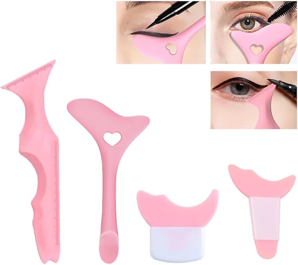 4 Pcs All In One Eyeliner Stencils Wing Tips + Eyeshadow and Eyeliner Stencils Pad + Silicone eyeshadow baffle, Defined Eyeliner Eyelash Guide Tool for Beginners and Makeup Masters - Pink