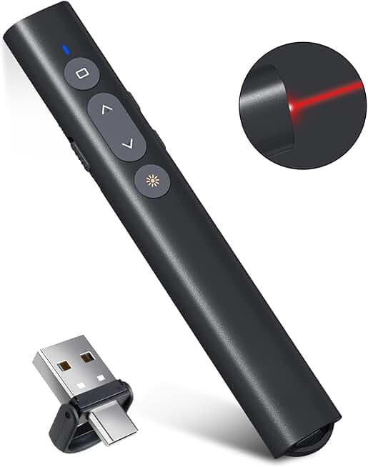 USB-A/USB-C Presentation Clicker for PowerPoint Presentations Pointer, Wireless Presenter Remote, Google Slide Advancer Projector Smart Board Slideshow PPT Clicker for Mac/Laptop/Computer/Office