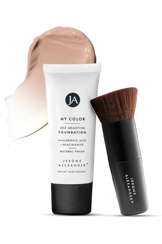 Jerome Alexander My Color Self-Adjusting Foundation, Hydrating & Lightweight Face Makeup, Skincare-Infused, with Kabuki Brush, Medium, 1 oz