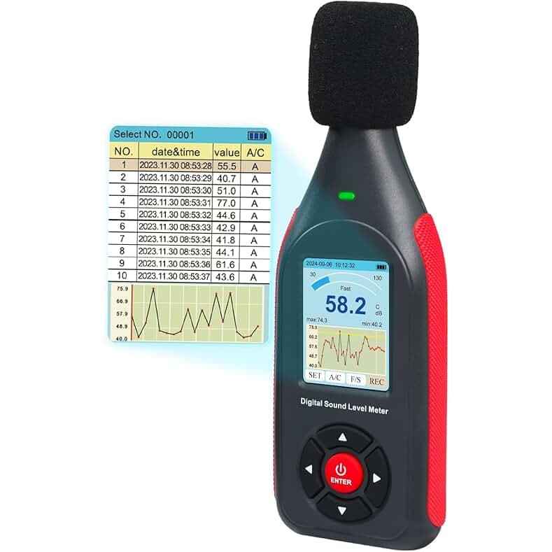 Decibel Meter Data Logger Digital Sound Decibel Meter, Sound Level Meter with 43,000 Data Record & Export, Rechargeable Noise Meter with A/C Frequency&DC Output, 3-Color Alarm, Real Time Measurement