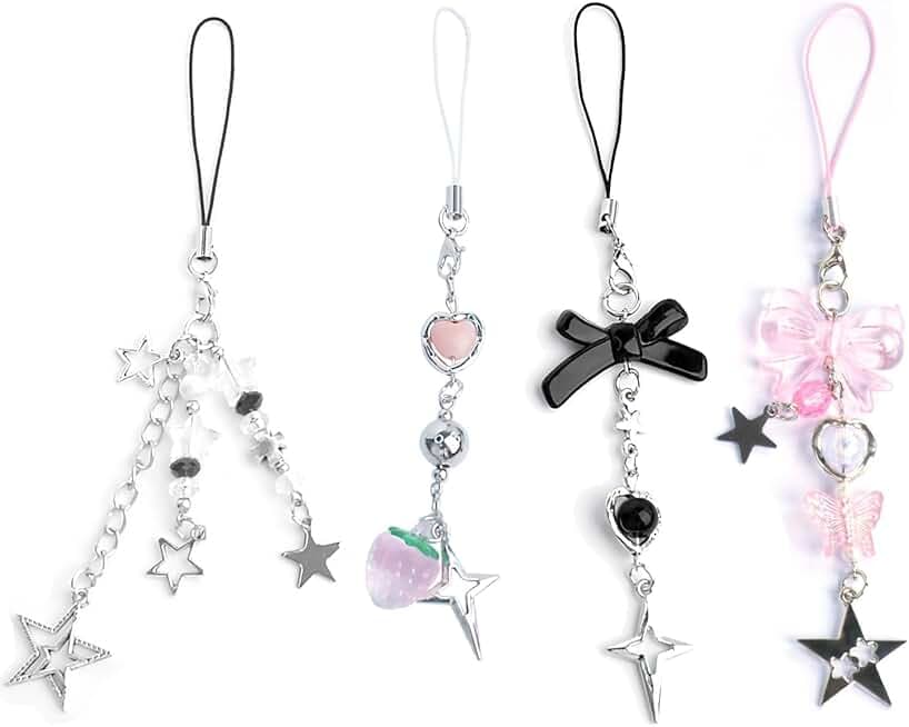 1-4PCS Cute Phone Charms Aesthetic Y2K Cellphone Charms Strap Pink Strawberry Butterfly Star Charm Y2K Accessories for Phone Bag Keychain Airpods Camera Pendants Decor