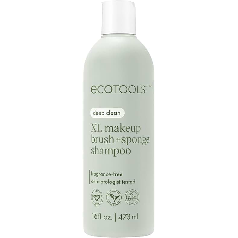 EcoTools XL Makeup Brush + Sponge Shampoo, Removes Makeup, Dirt, & Impurities From Makeup Brushes & Makeup Blending Sponges, Fragrance-Free, Vegan, & Cruelty-Free 16 fl. oz./473 ml, 1 Count, Clear