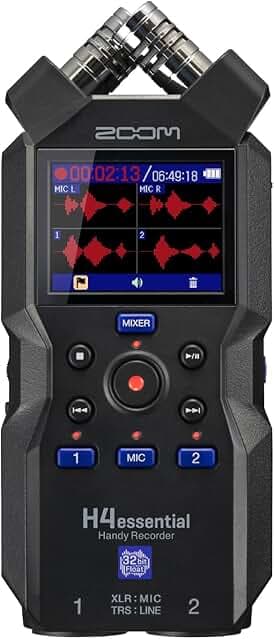 Zoom H4essential 4-Track Handy Recorder with 32-Bit Float, Accessibility, Stereo Microphones, 2 XLR/TRS Combo Inputs, Record to SD Card, USB Interface, for Musicians, Podcasters, Filmmakers