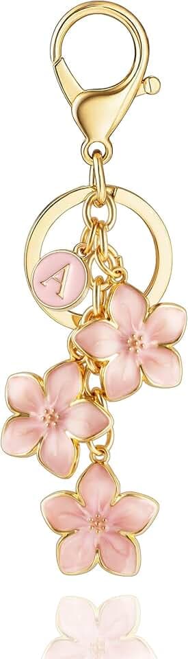 XGALBLA White/Pink/Black Big Cute Flower Initial Letter Keychain for Women, Flower Bag Charms Enameled Keychain Handbag Purse