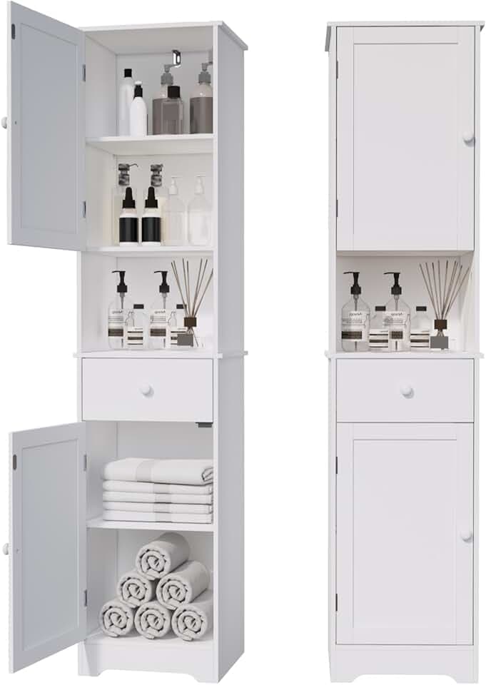Tall Bathroom Cabinet, Storage Cabinet with 2 Doors & 2Drawer, with Ajustable Shelve, for Bathrooms, Kitchens,Entrances,Bedrooms（White）