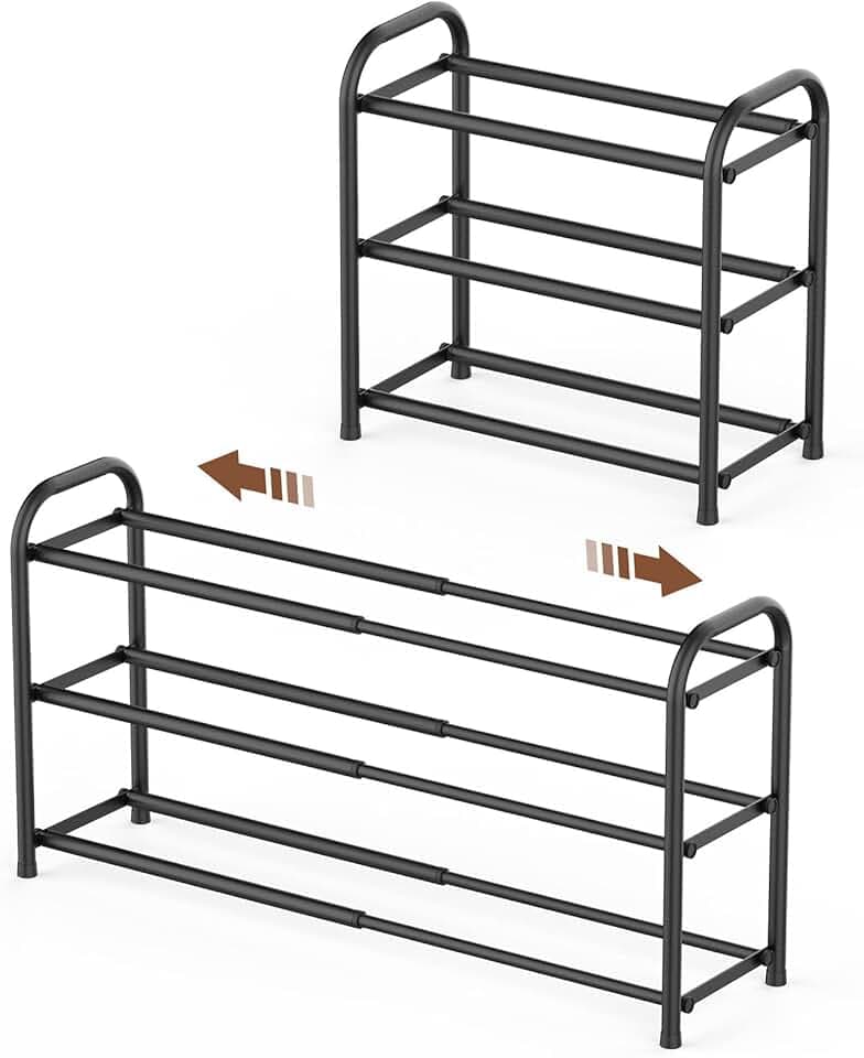 Gonfoam 3-Tier Expandable Shoe Rack,Adjustable Shoe Shelf Storage Organizer Heavy Duty Metal Free Standing Shoe Rack for Entryway Closet Doorway (Black)
