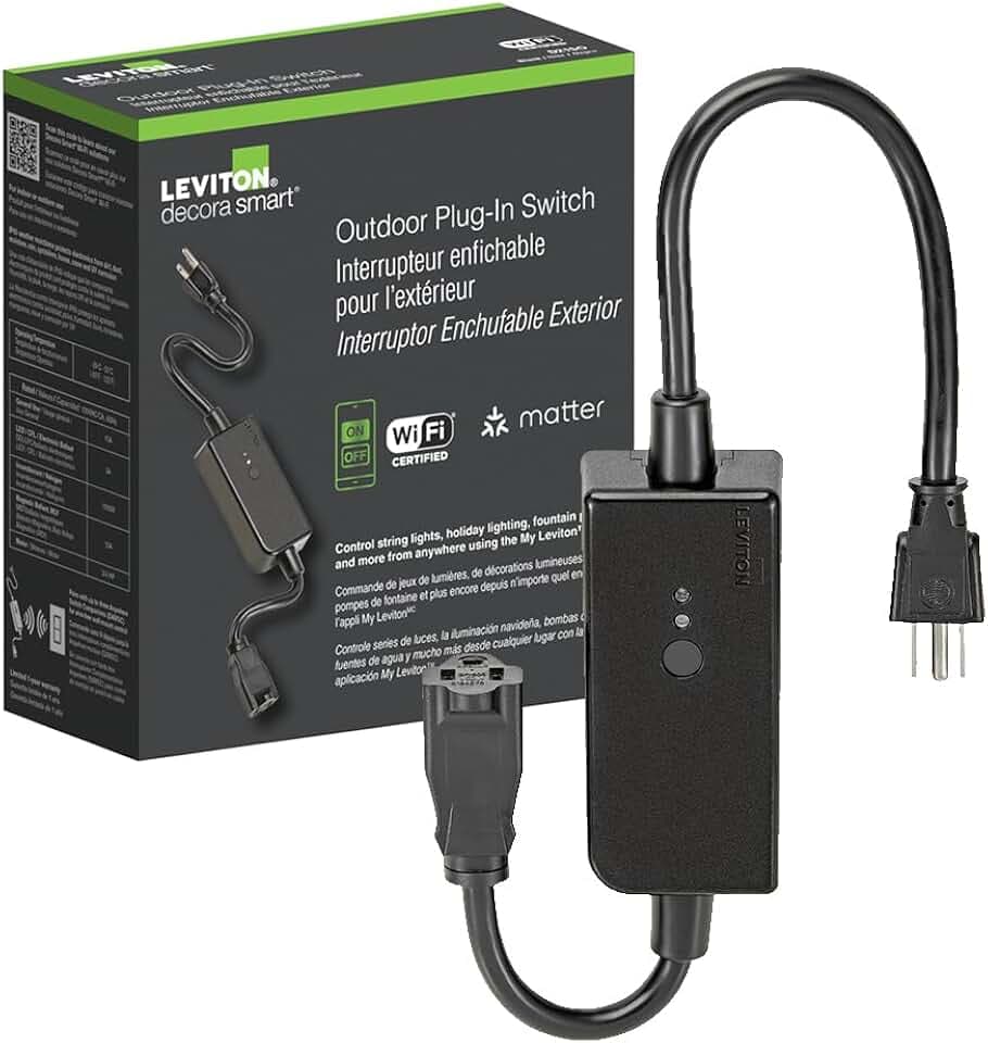 Leviton Decora Smart Wi-Fi Outdoor Plug, Works with Matter, My Leviton, Alexa, Google Assistant, Apple Home/Siri & Wire-Free Anywhere Switch Companion, Weather-Resistant, D215O-1RE, Black