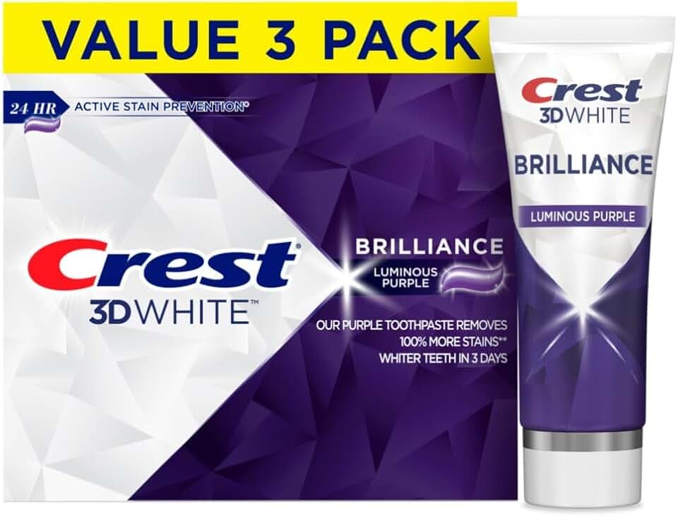 Crest 3D White Brilliance Luminous Purple Teeth Whitening Toothpaste, 4.6 oz Pack of 3, Anticavity Fluoride Toothpaste, Fights 100% More Surface Stains, 24 Hour Active Stain Prevention