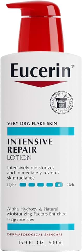 Eucerin Intensive Repair Body Lotion for Dry Skin with Alpha Hydroxy, Body Moisturizer for Very Dry Skin, Moisturizes, Exfoliates and Conditions, Paraben Free and Fragrance Free, 16.9 Fl Oz Bottle