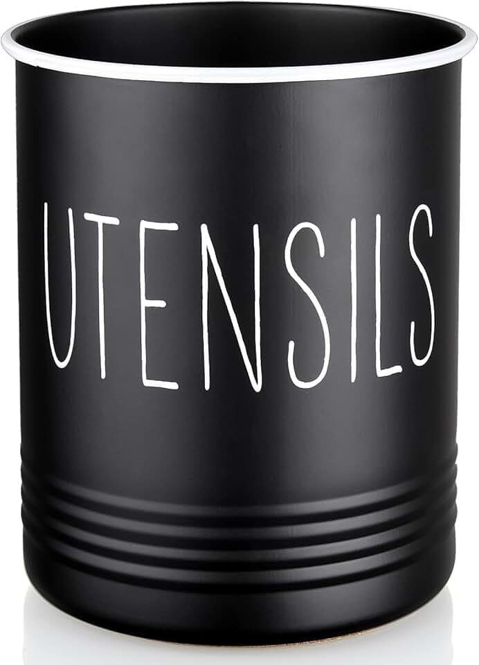 Kitchen Utensil Holder, 6.7" Utensil Holder for Kitchen Counter, Cooking Utensil Crock with Cork Bottom, Modern Farmhouse Decor, Countertop Utensil Storage Organizer Caddy, Black