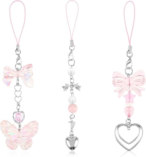 3 Pack Aesthetic Pink Butterfly Heart Shape Cute Y2K Cell Phone Charms for Bag Purse Backpack Camera Decor
