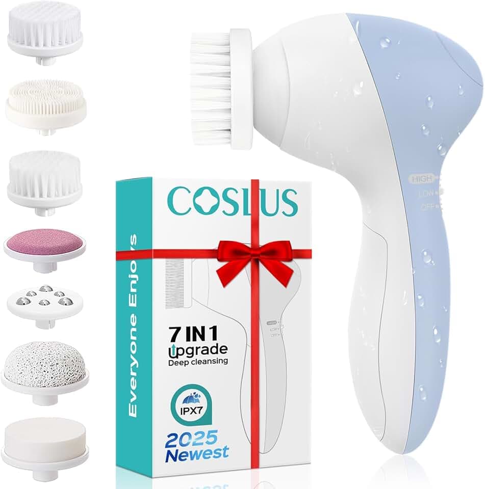 COSLUS Facial Cleansing Brush Silicone Face Scrubber: 7 in 1 FBS-D Electric Exfoliating Rotating Massage Device Waterproof Deep Cleaning Exfoliation Spa Machine - Electronic Skin Care Wash System