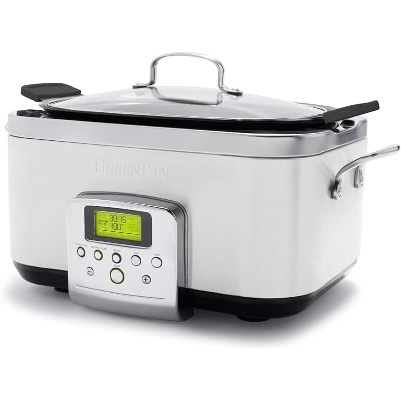 GreenPan Elite 8-in-1 Programmable 6QT Electric Slow Cooker, Dishwasher Safe Lid & Removable Crock, PFAS-Free Healthy Ceramic Nonstick Multi-Cooker, Sear, Sauté, Brown, Steam Basket, Roast, White