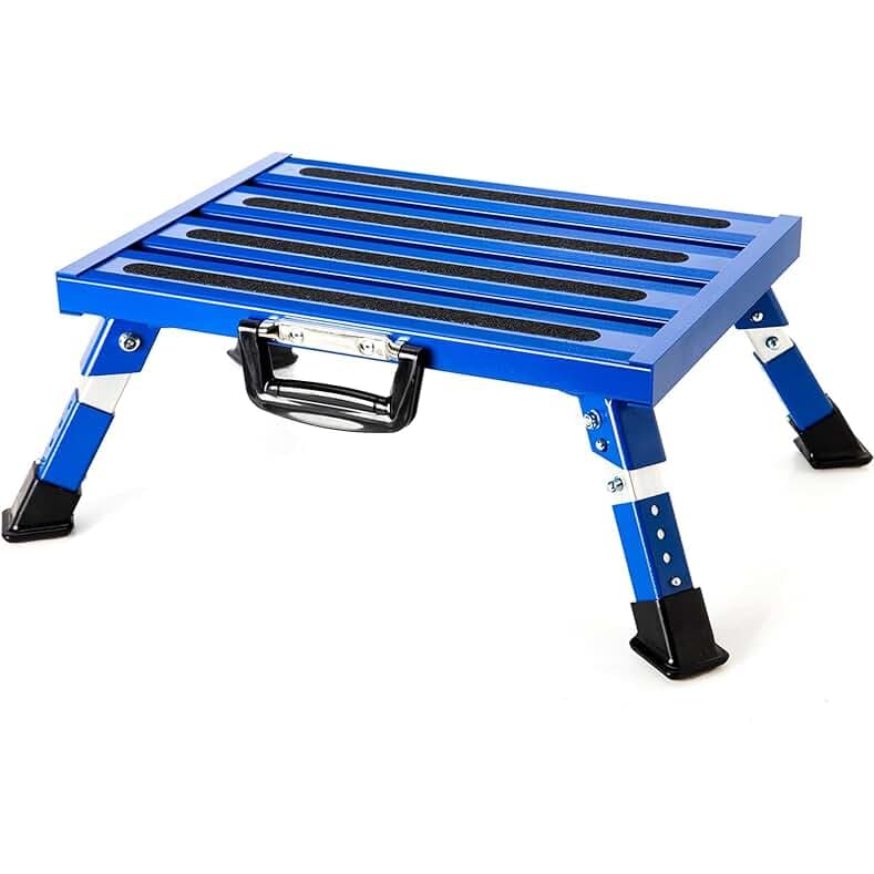 Homeon Wheels RV Step Stool, Aluminum Folding Platform Step with Non-Slip Rubber Feet, More Stable Supports Up to 1,500lbs Safety RV Steps (Blue Fluorescent)
