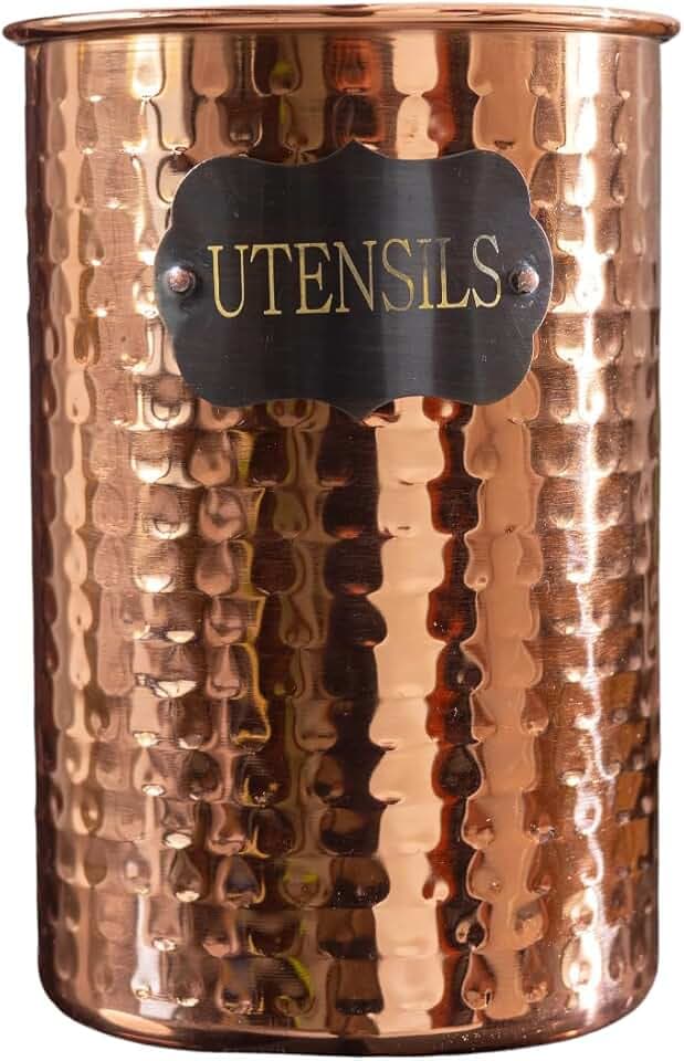 Copper Utensil Holder - Premium Stainless Steel with Elegant Copper-Plated Finish, Spacious 5.5” Diameter x 7.5” Height Design, Sturdy Base, Ideal for Kitchen Accessories