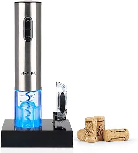 Secura Electric Wine Opener, Automatic Electric Wine Bottle Corkscrew Opener with Foil Cutter, Rechargeable (Stainless Steel)