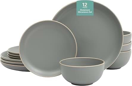 Gibson Home Rockaway 12-Piece Dinnerware Set Service for 4, Grey Matte -